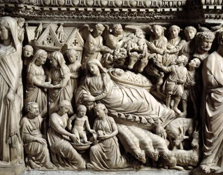 Arte y arquitectura gótica: Visitación y Natividad - Detalle de los bajorrelieves del púlpito de mármol que Nicola Pisano realizó entre 1266 y 1268
