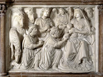 La adoración de los magos Silla realizada por Nicola Pisano (Púlpito de mármol) 1260 Baptisterio San Juan de Pisa