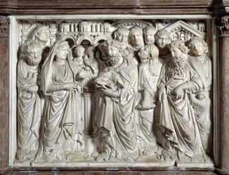 Presentación de Jesús en el templo (silla realizada por Nicola Pisano (1215/20-1278/84)) (púlpito de mármol) 1260 Baptisterio de San Juan de Pisa (Battistero san Giovanni di Pisa), Italia