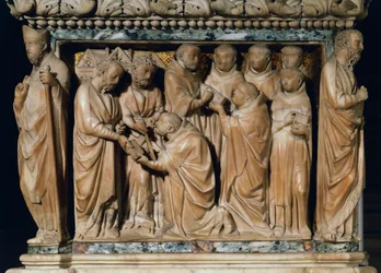 Los Apóstoles Pedro y Pablo aparecen a San Domingo, relieve decorativo del Arca de San Domingo, por Nicola Pisano y su taller, mármol, Capilla de San Domingo, Basílica de San Domingo, Bolonia, Emilia-Romaña, Italia