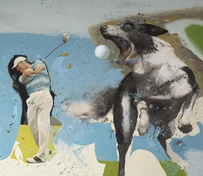 Golfista con perro, 2023 (óleo sobre lienzo)