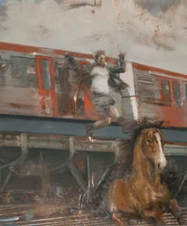 Saltar del tren, 2017 (óleo sobre lienzo)