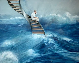Hombre sentado en una escalera, 2016 (óleo sobre lienzo)