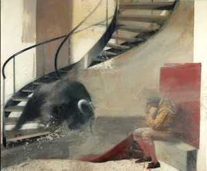 Toro de escalera con torero I, 2013 (óleo sobre lienzo)