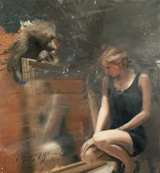 Mujer en el espejo con babuino, 2019 (óleo sobre lienzo)