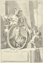 Putti y una mujer cerca de un medallón con el retrato de Arnold Houbraken
