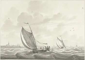 Barco navegando por el Mosa, los pueblos de Oud y Nieuw Beijerland en la distancia