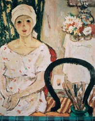 Mujer en un interior, de Nicolae Tonitza (1886-1940), olio su cartone. Rumanía, siglo XX.