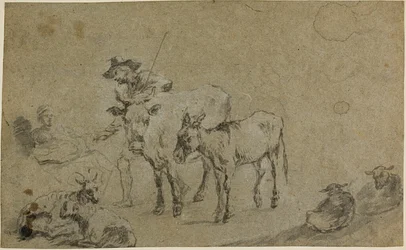 Pastor con vaca, burro y oveja