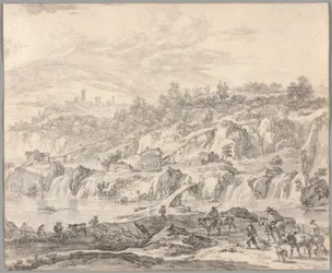 Paisaje con cascadas y puentes, campesinos en primer plano