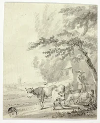 Hombre pastoreando vacas y ovejas