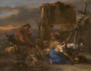 Escena pastoral con una pastora ordeñando una cabra