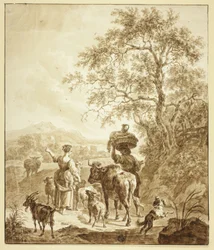 Pastora y campesino con rebaño en paisaje italianizante