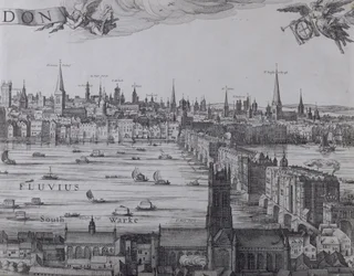 Panorama de Londres y el Támesis, parte tres mostrando Southwark, el Puente de Londres y las iglesias en la Ciudad, c.1600