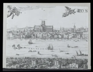 Panorama de Londres y el Támesis, parte dos mostrando la Catedral de San Pablo y el Teatro Globe, c. 1600