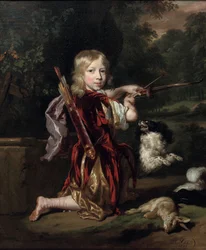 Holandés: Portret van een onbekende jongen Retrato de un niño, de cuerpo entero, con traje de estilo clasicista, dibujando un lazo