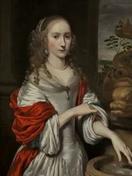 Retrato de una niña joven, de pie cerca de una fuente