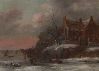 Paisaje invernal con figuras en trineo sobre un río helado
