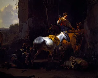 Paisaje a la italiana con campesinos frente a una posada