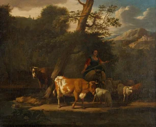 Pastora con vacas bajo un árbol