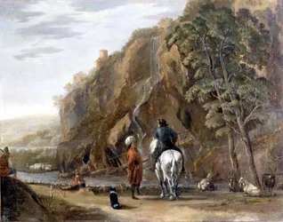 Paisaje italianizante con figuras y un caballo en un camino