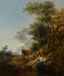Paisaje con una ninfa y un sátiro, c.1647 (óleo sobre tabla)