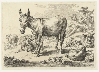 Paisaje con burro, oveja, cabra y pastores. Animales (título de la serie)