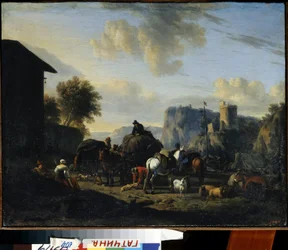 ""The rest of the convoy"" (El resto del convoy) Un grupo de pastores viajeros parando en el camino. Pintura de Nicolaes (Claes) Pietersz Berchem el Viejo (1620-1683) Museo estatal al aire libre del siglo XVII Palacio Gatchina, San Petersburgo