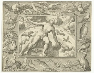 Elemento de aire de joven sobre nubes entre pájaros voladores Aer (título sobre el objeto) Los cuatro elementos (título de la serie)