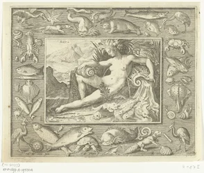 Elemento de agua como mujer en pozo con pescado. Aqua (título sobre el objeto) Los cuatro elementos (título de la serie)
