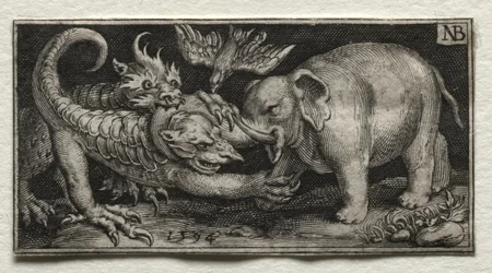 Elefante luchando contra dos bestias