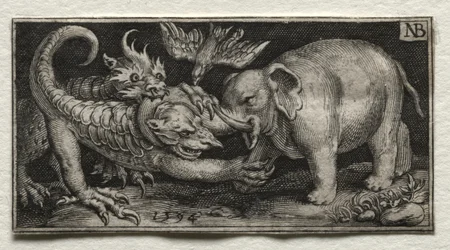 Elefante luchando contra dos bestias, 1594