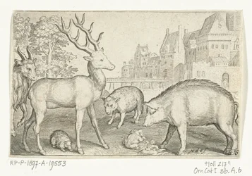 Ciervo, erizo, oveja, rana y cerdo Animalivm qvadrvpedvm (título de la serie) Animales en paisajes (título de la serie)