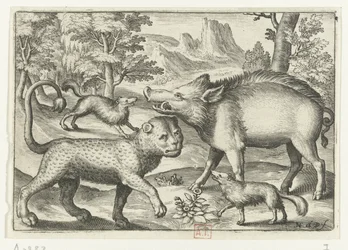 Leopardo, jabalí y dos perros Animalivm qvadrvpedvm (título de la serie) Animales en paisajes (título de la serie)