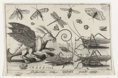 Saltamontes y criatura de fantasía con alas y patas palmeadas. Pájaros e insectos (título de la serie)