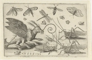 Saltamontes y criatura de fantasía con alas y patas palmeadas. Pájaros e insectos (título de la serie)
