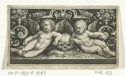 Dos niños peleando, montados en sementales, flanqueados por niños que tocan trompetas. Frisones con niños, ángeles y animales (título de la serie)
