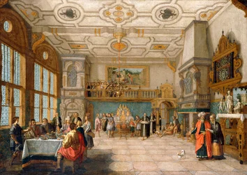 Lázaro en la puerta de un salón de banquetes con figuras elegantes cenando, 1622