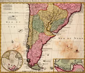 Carta de Paraguay, Chile, Estrecho de Magallanes y Tierra del Fuego en América del Sur, c.1720 (grabado coloreado)
