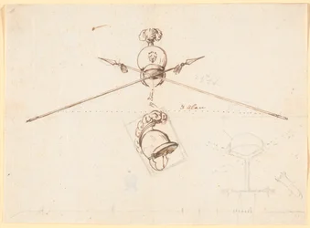Boceto decorativo. Un casco y dos lanzas cruzadas, etc.
