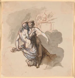 Una pareja de dioses enamorados, sentados en las nubes