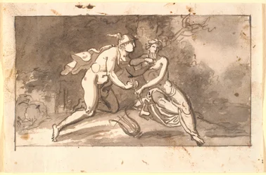 Hermes enseñando a un joven (¿Apolo?) a tocar la flauta