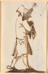 Caricatura de un hombre caminando con sombrero triangular, de perfil a la derecha