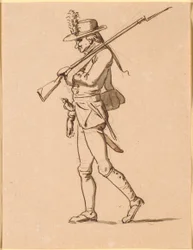 Caricatura de un Soldado en Perfil a la Izquierda. Su Brazo Izquierdo está Vendado, pero Lleva un Fusil.