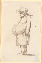 Caricatura de un hombre barrigón, de pie de perfil hacia la izquierda