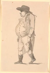 Caricatura de hombre barrigón, caminando hacia la izquierda, con una gran llave en la mano izquierda