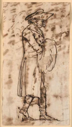 Caricatura con un hombre caminando con las manos en un manguito, de perfil a la derecha