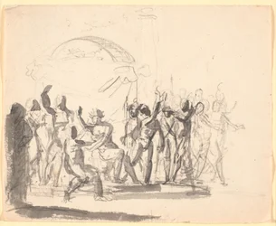 Composición con rey sentado rodeado de figuras desnudas