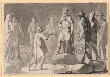 Boceto de composición; un rey rodeado de guerreros en un tingsted, da a un hombre la espada de caballero