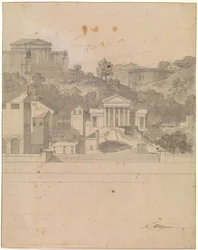Paisaje con edificios antiguos. Boceto decorativo
